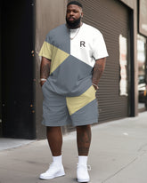 Big Guys Comfortable Simple Color Block Alphabet Print T-shirt Shorts Set
